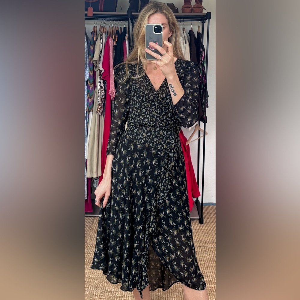 Anthropologie Bailey 44 Ophelia Black Floral Print Ruffle Midi V Neck Boho Dress - Picture 3 of 15